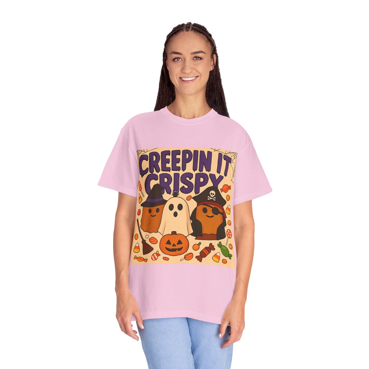 Halloween Themed T-Shirt, Creepin It Crispy T-Shirt, Unisex Shirt for Fall, Cute Halloween Tee, Festive Ghost & Candy Design