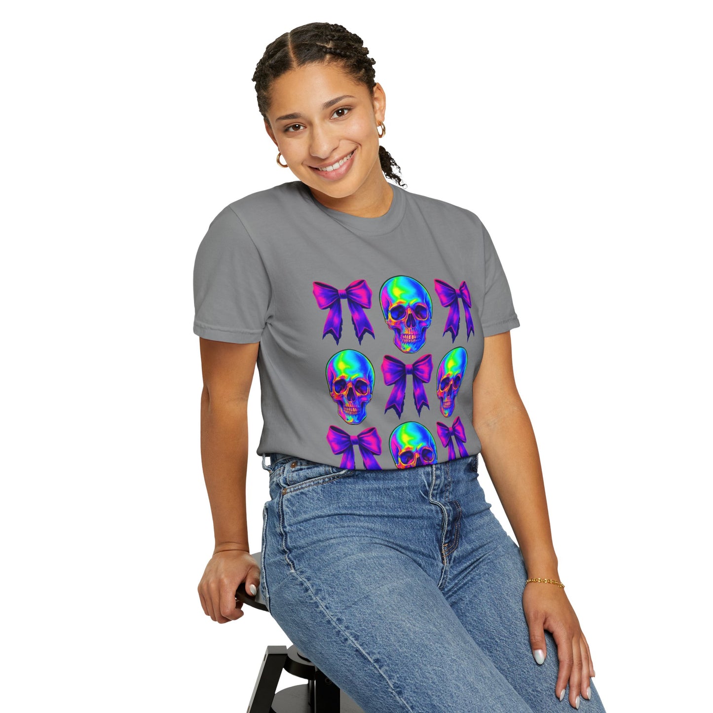 Neon Skull and Bow Unisex T-Shirt | Trendy Graphic Tee for Halloween, Festivals, Casual Wear, Gifts