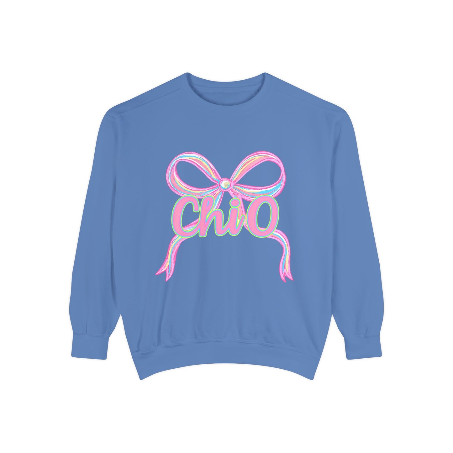 CHIO Chic Bow Graphic Unisex Garment-Dyed Sweatshirt, Cozy Pullover, Fashionable Gift, Casual Outfit, Spring Style, Trendy Apparel
