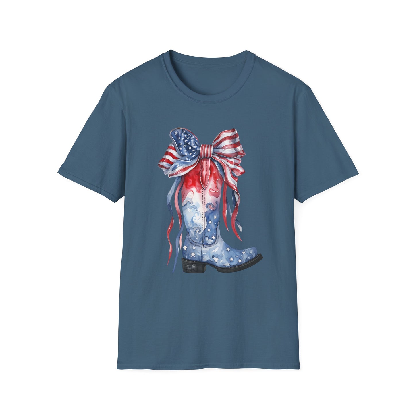 Patriotic Cowboy Boot T-Shirt | Unisex Softstyle Tee for Independence Day