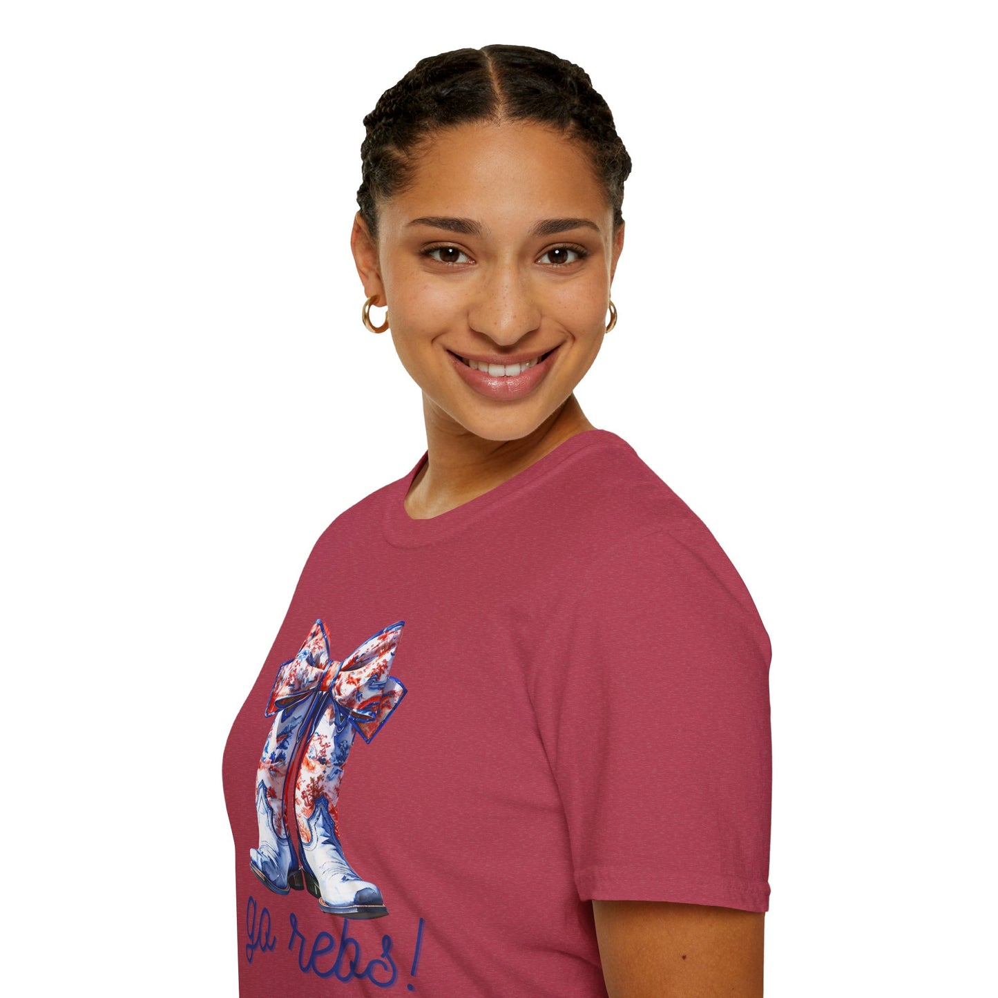 , go Rebs Cheerful Unisex Softstyle T-Shirt with Bow Design | Gift for Sports Fans, Casual Wear, Team Spirit, Game Day Shirt, Cheerleading Top