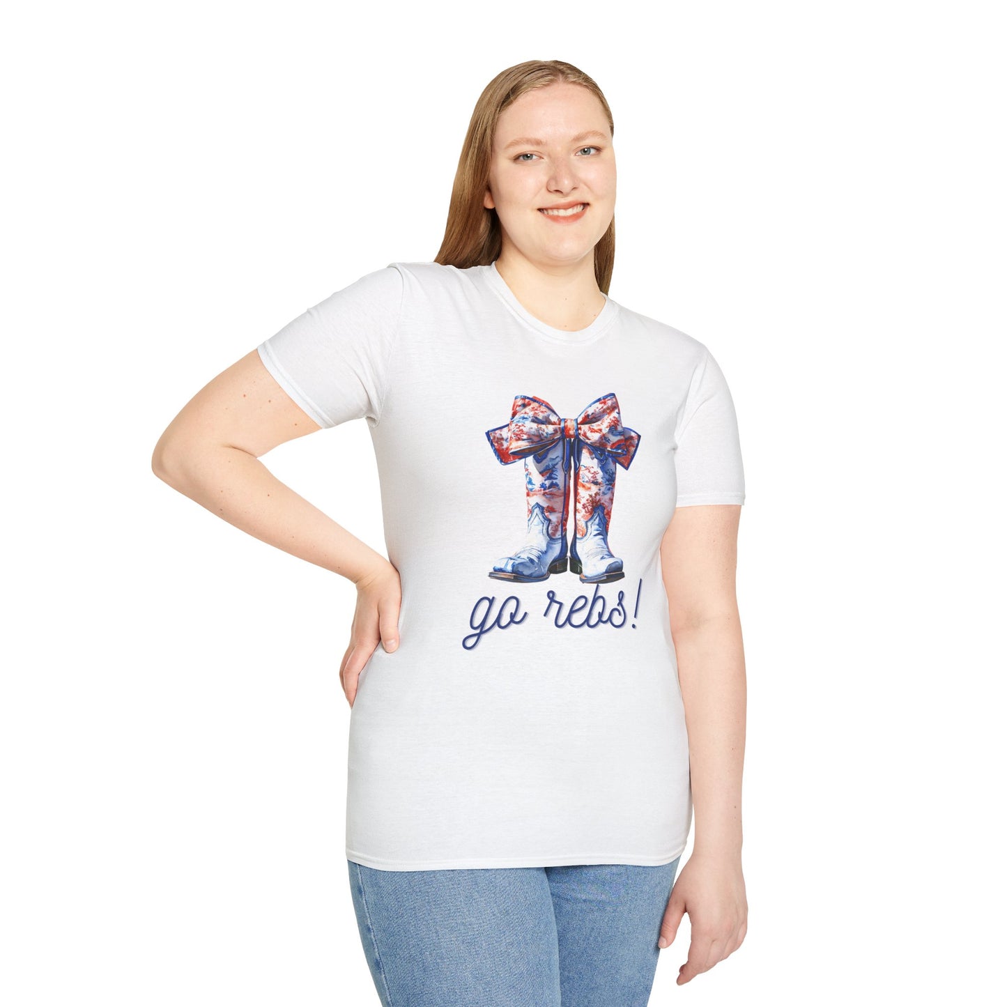, go Rebs Cheerful Unisex Softstyle T-Shirt with Bow Design | Gift for Sports Fans, Casual Wear, Team Spirit, Game Day Shirt, Cheerleading Top