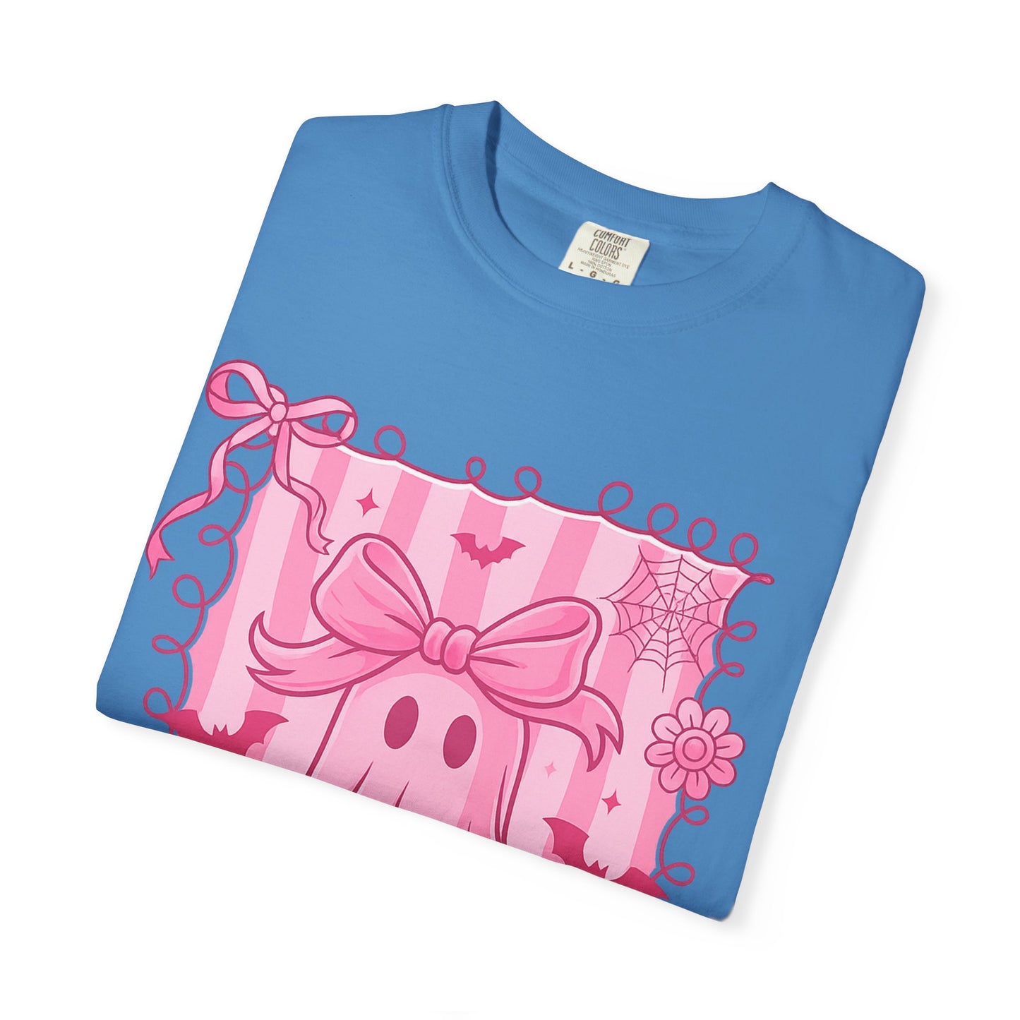 Cute Pink Ghost Graphic T-Shirt, Pink Halloween Tee, Unisex Garment-Dyed Top, Spooky Style for Fall, Trick or Treat Fashion