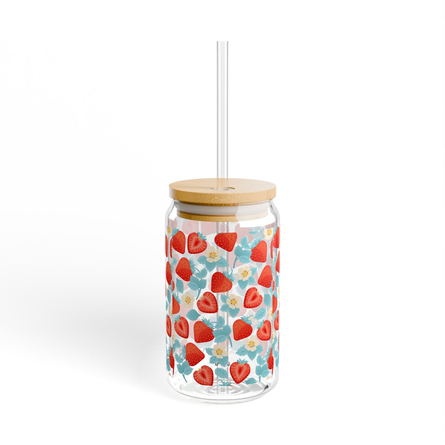 Strawberry Floral Sipper Glass, Eco-Friendly Drinkware for Summer, Mason Jar Style, Perfect for Picnics, Gifts, Home Decor