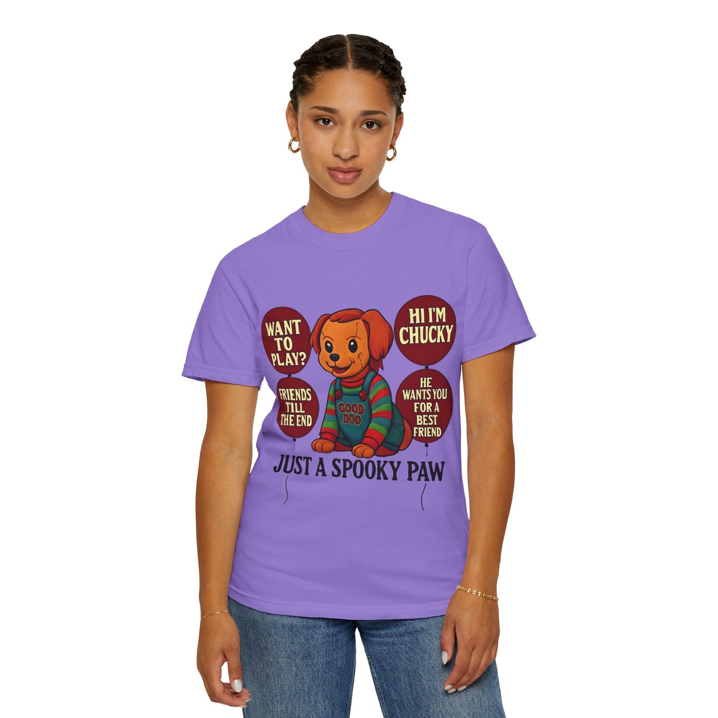 Spooky Graphic T-shirt, Halloween Costume Top, Unisex Tee, Funny Chucky Shirt, Gift for Horror Fans, Cute Spooky Apparel