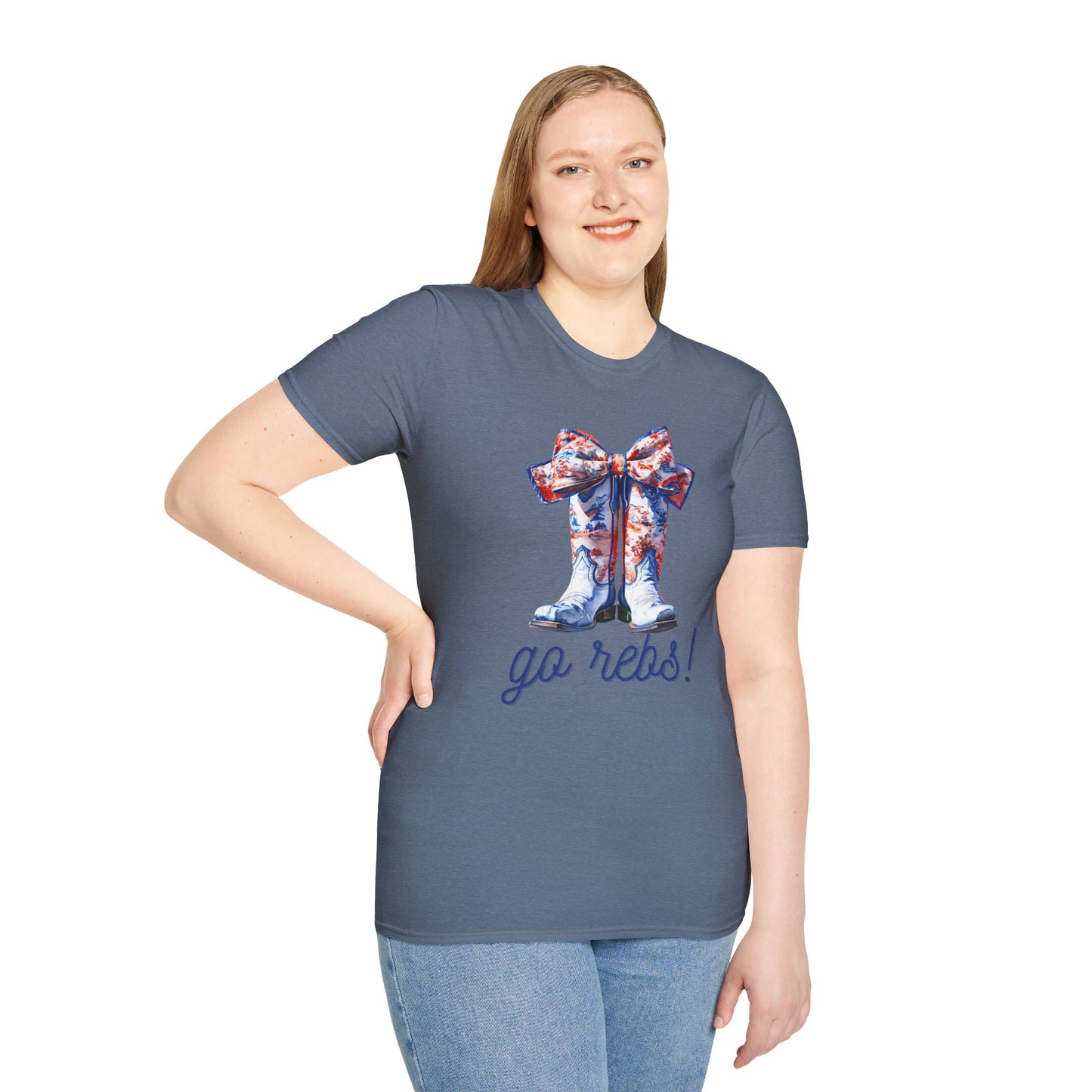 , go Rebs Cheerful Unisex Softstyle T-Shirt with Bow Design | Gift for Sports Fans, Casual Wear, Team Spirit, Game Day Shirt, Cheerleading Top