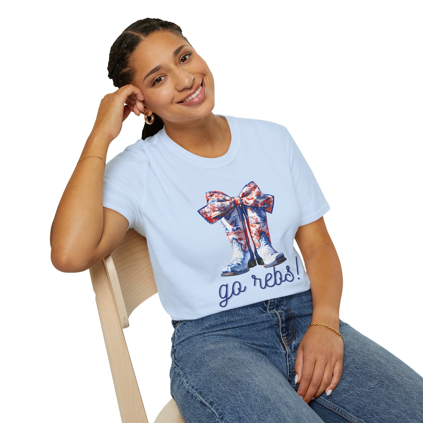, go Rebs Cheerful Unisex Softstyle T-Shirt with Bow Design | Gift for Sports Fans, Casual Wear, Team Spirit, Game Day Shirt, Cheerleading Top