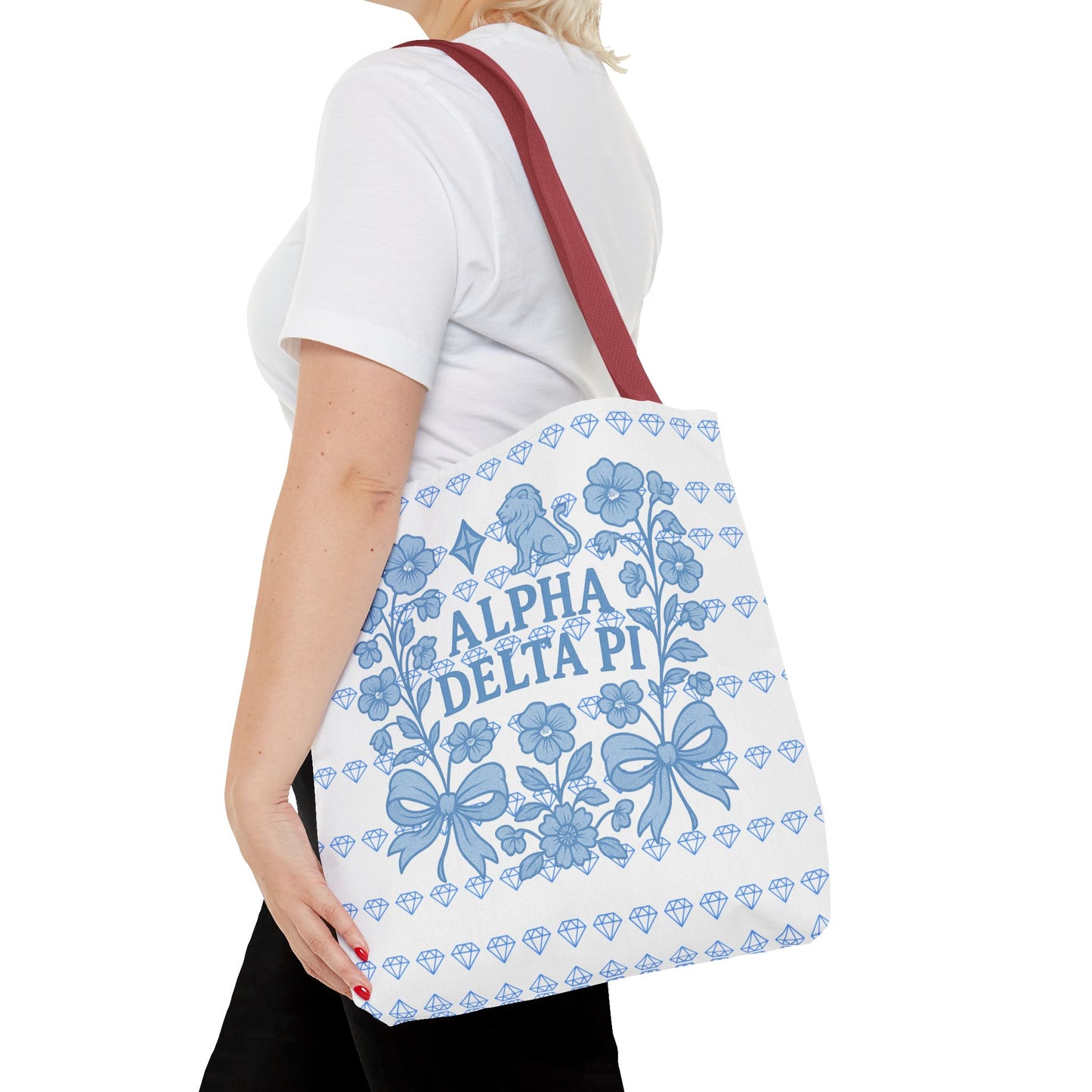 Alpha Delta Pi Floral Tote Bag - Stylish Sorority Accessory, Gift for College Students, Everyday Use, Blue Floral Design, AOP Style
