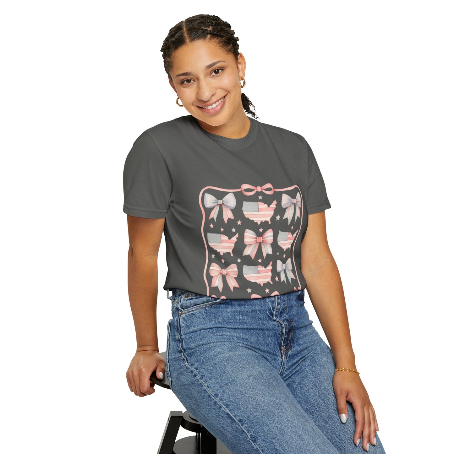 America Coquette Cute Bow Pattern Comfort Colors Unisex T-Shirt - 4th of July USA Celebration