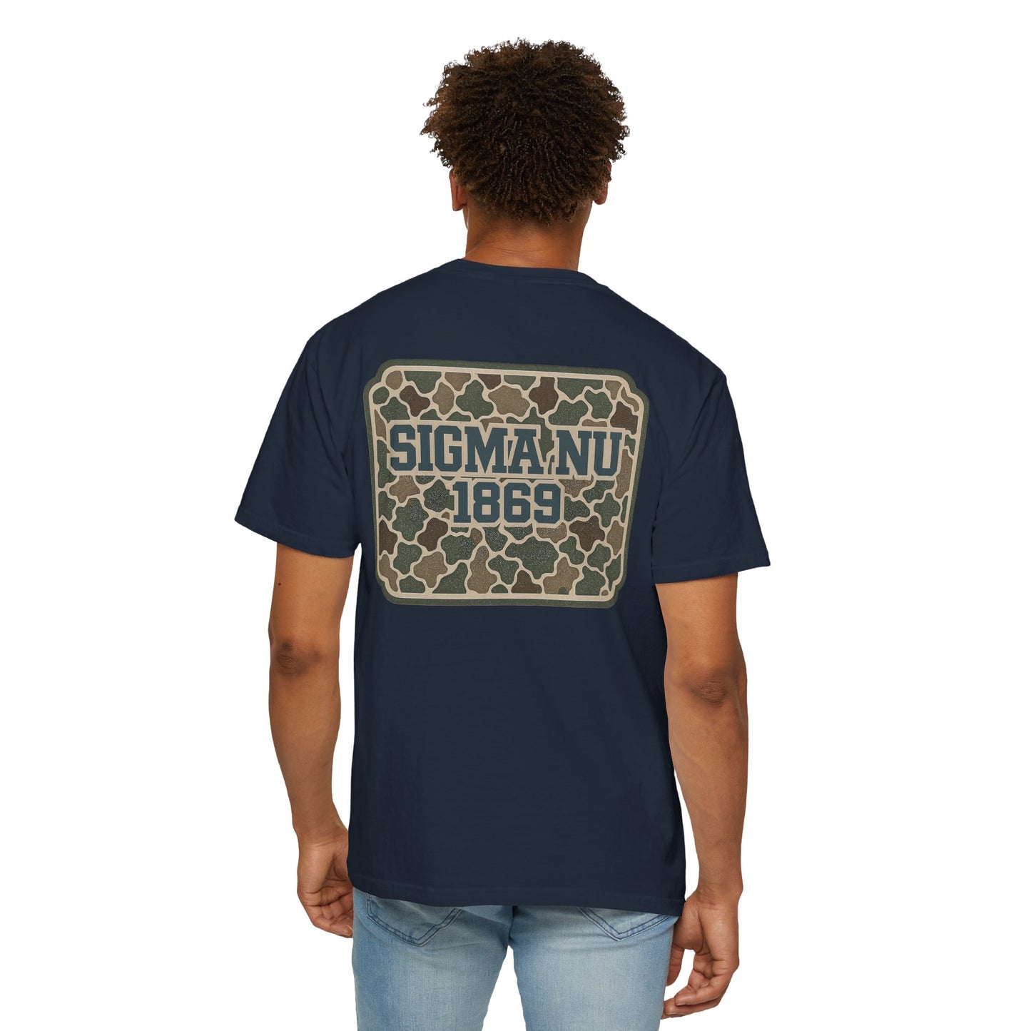 SigmaNu Camouflage T-Shirt | Unisex Garment-Dyed Tee for Greek Life | Ideal for Fraternity Events, Casual Wear, Gifts, Game Days