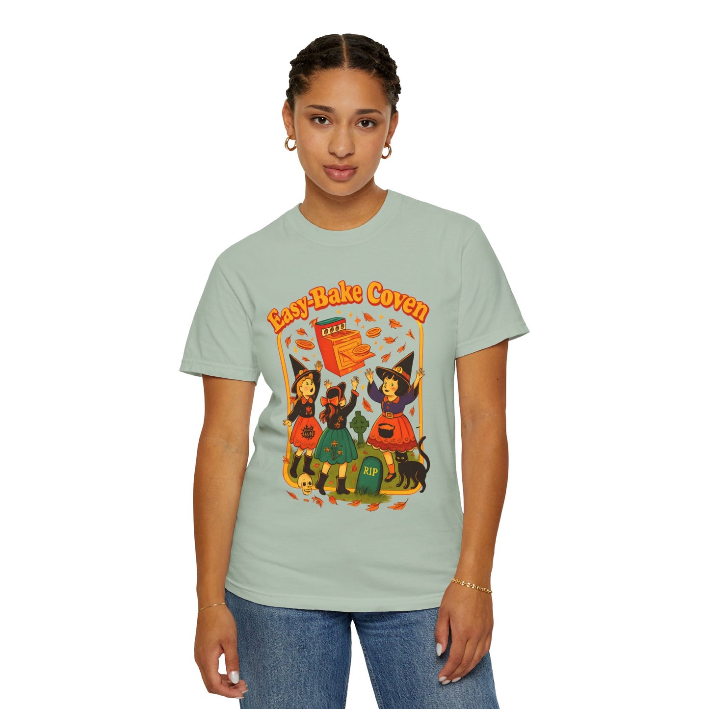 Halloween Witch T-Shirt, Unisex Garment-Dyed Shirt, Easy-Bake Coven Tee, Spooky Season Apparel, Cute Witch Design
