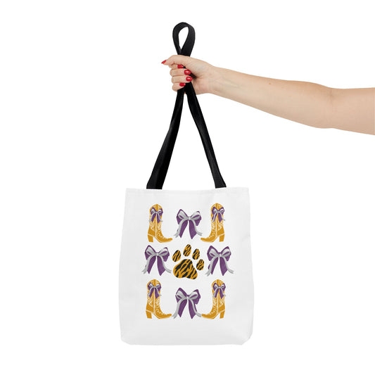 LSu coquette bow Print Tote Bag, Eco-Friendly Fashion Bag, lsu tiger fan, louisiana game day, geaux tigers, college student gift, graduation gift