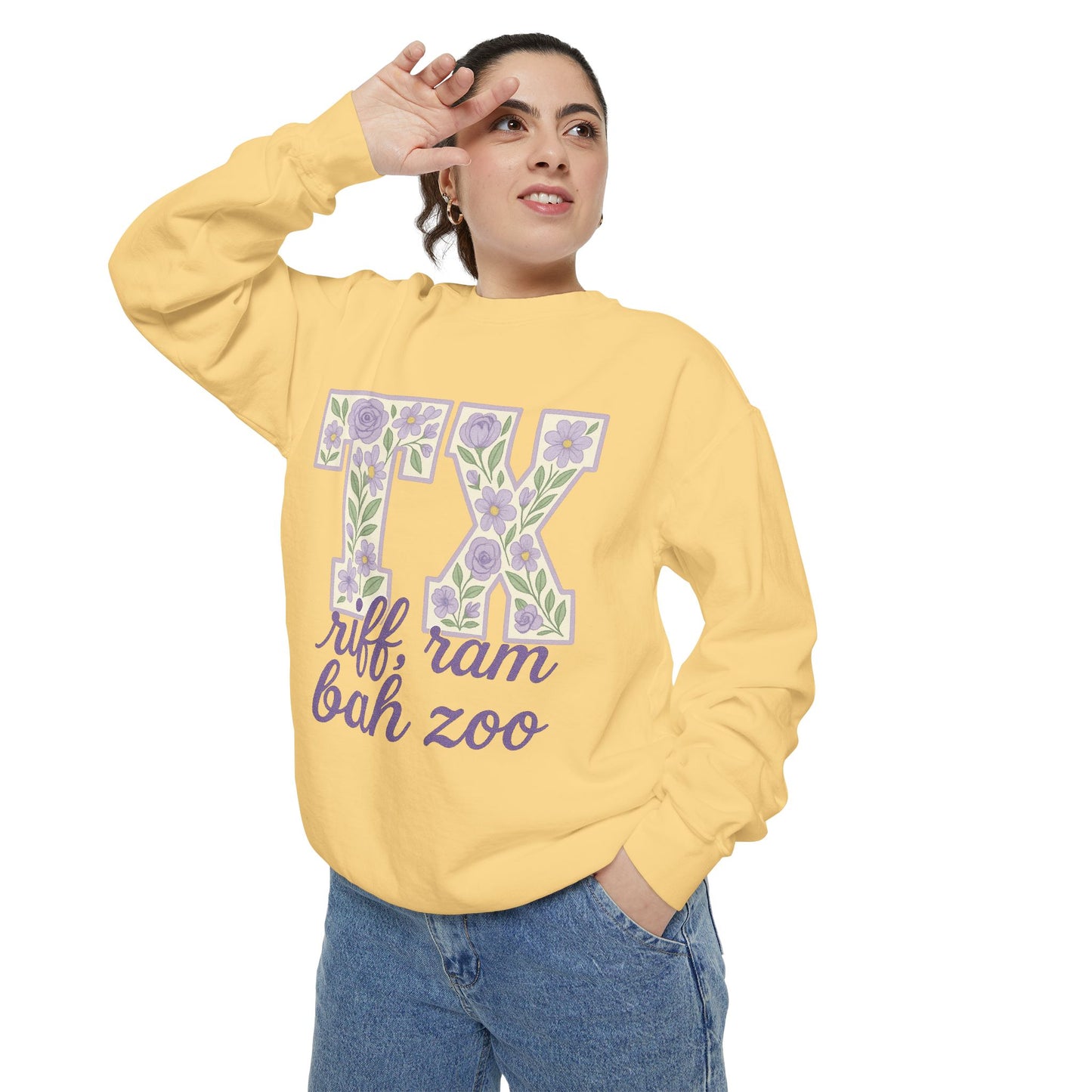 TCU Floral TX Sweatshirt - Unisex Garment-Dyed, Cozy Casual Wear, Texas Pride, Gift for Friends, College Apparel, Spring Outfits
