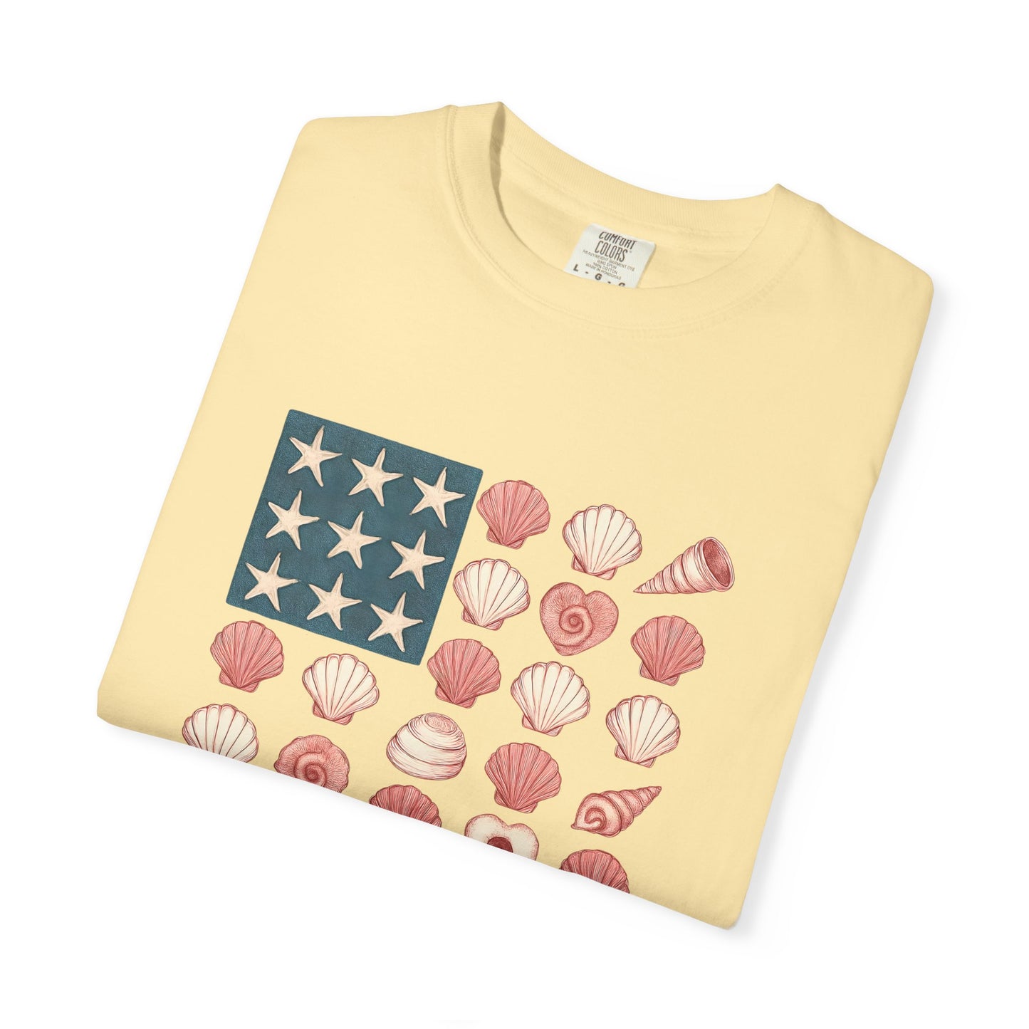 Comfort Colors-Seashell Flag T-Shirt, Unisex, American Flag, Beach Vibes, Nautical Gift, Summer Vibes, July 4th