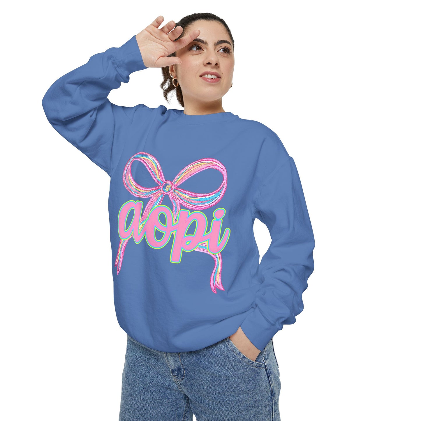 Pastel Bow Sweatshirt with aopi Design, Cozy Unisex Sweatshirt, Gift for Sorority Sisters, Casual Chic Apparel, Best Friend Outfit