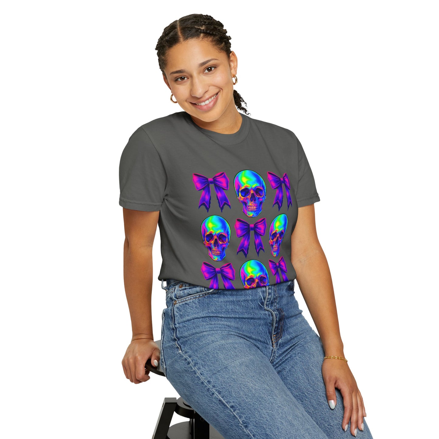 Neon Skull and Bow Unisex T-Shirt | Trendy Graphic Tee for Halloween, Festivals, Casual Wear, Gifts