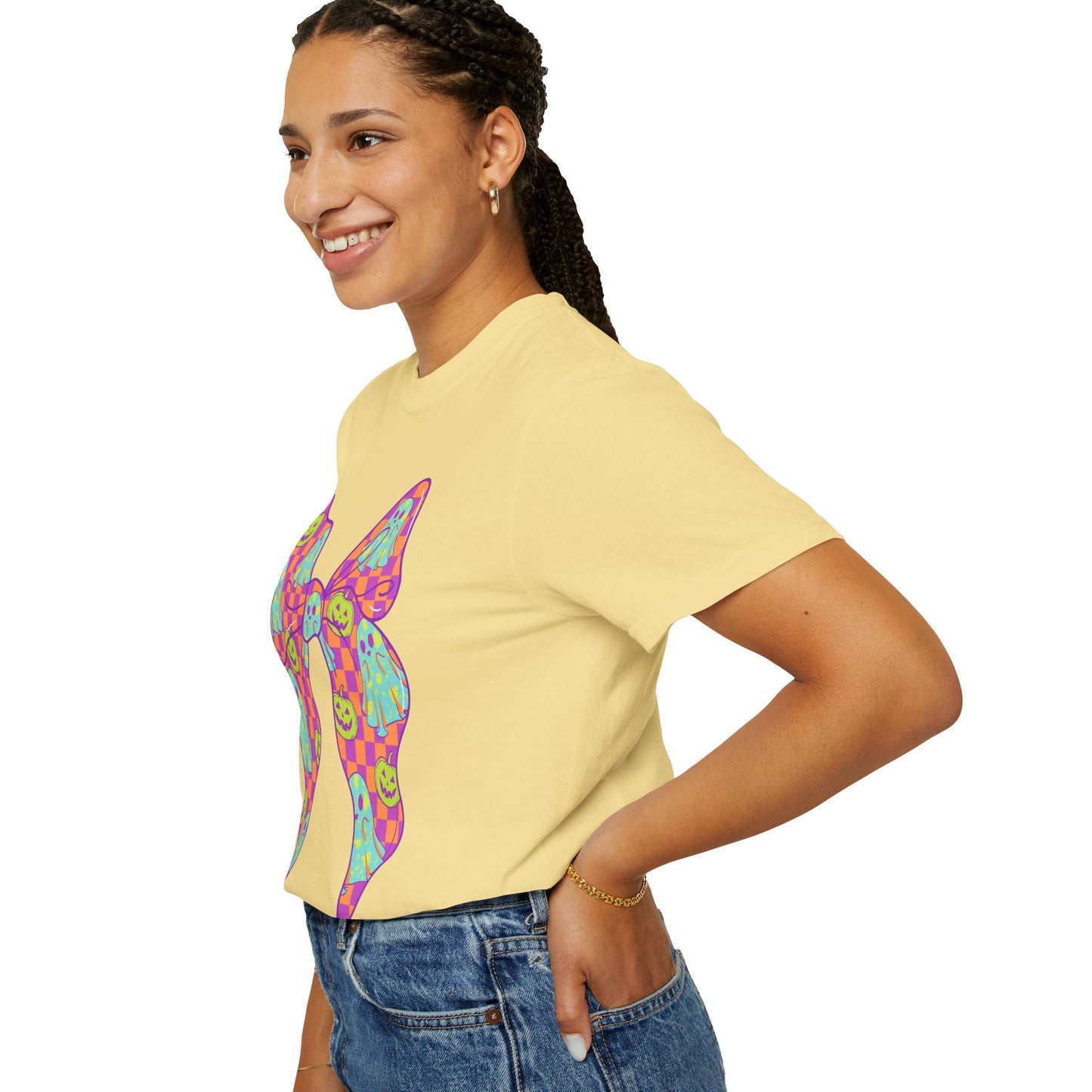 Neon Checkered Ghost Bow T-Shirt - Fun Lovers Halloween Unisex Tee