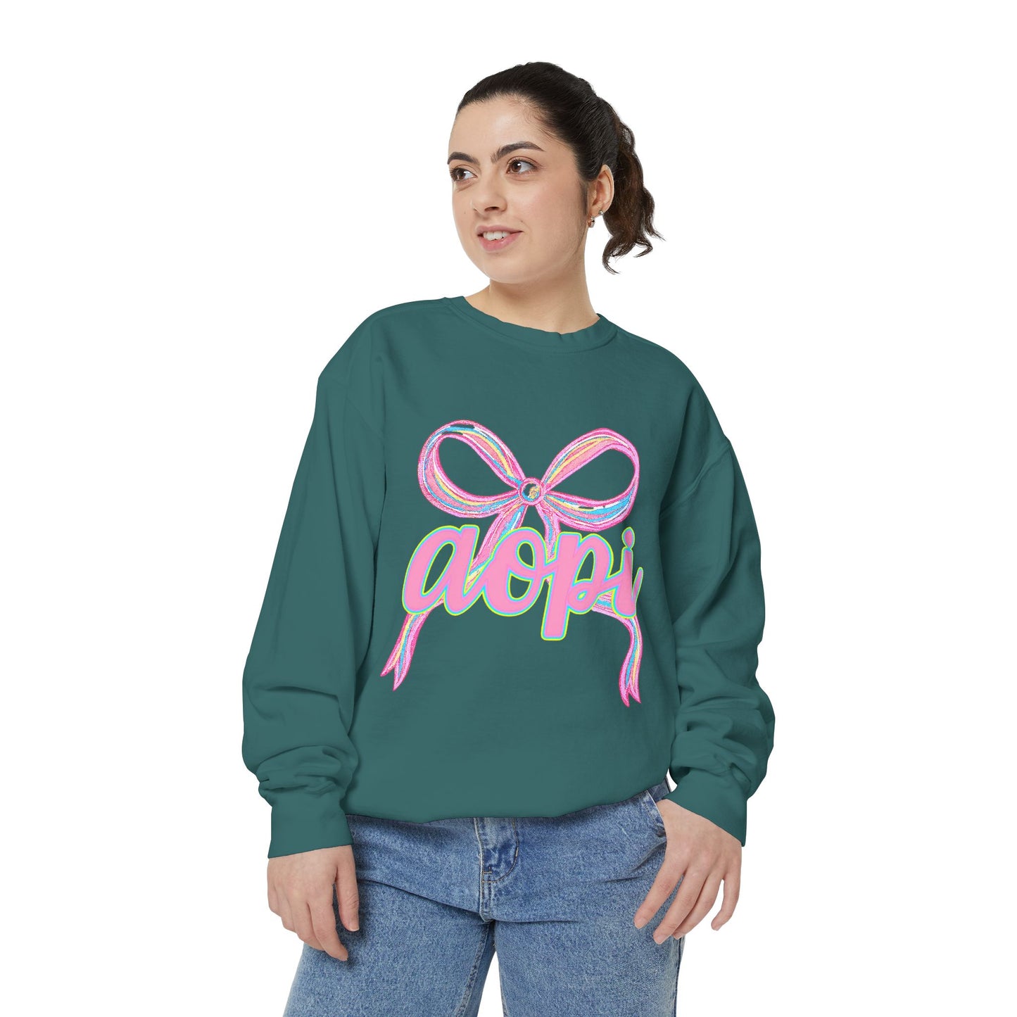 Pastel Bow Sweatshirt with aopi Design, Cozy Unisex Sweatshirt, Gift for Sorority Sisters, Casual Chic Apparel, Best Friend Outfit
