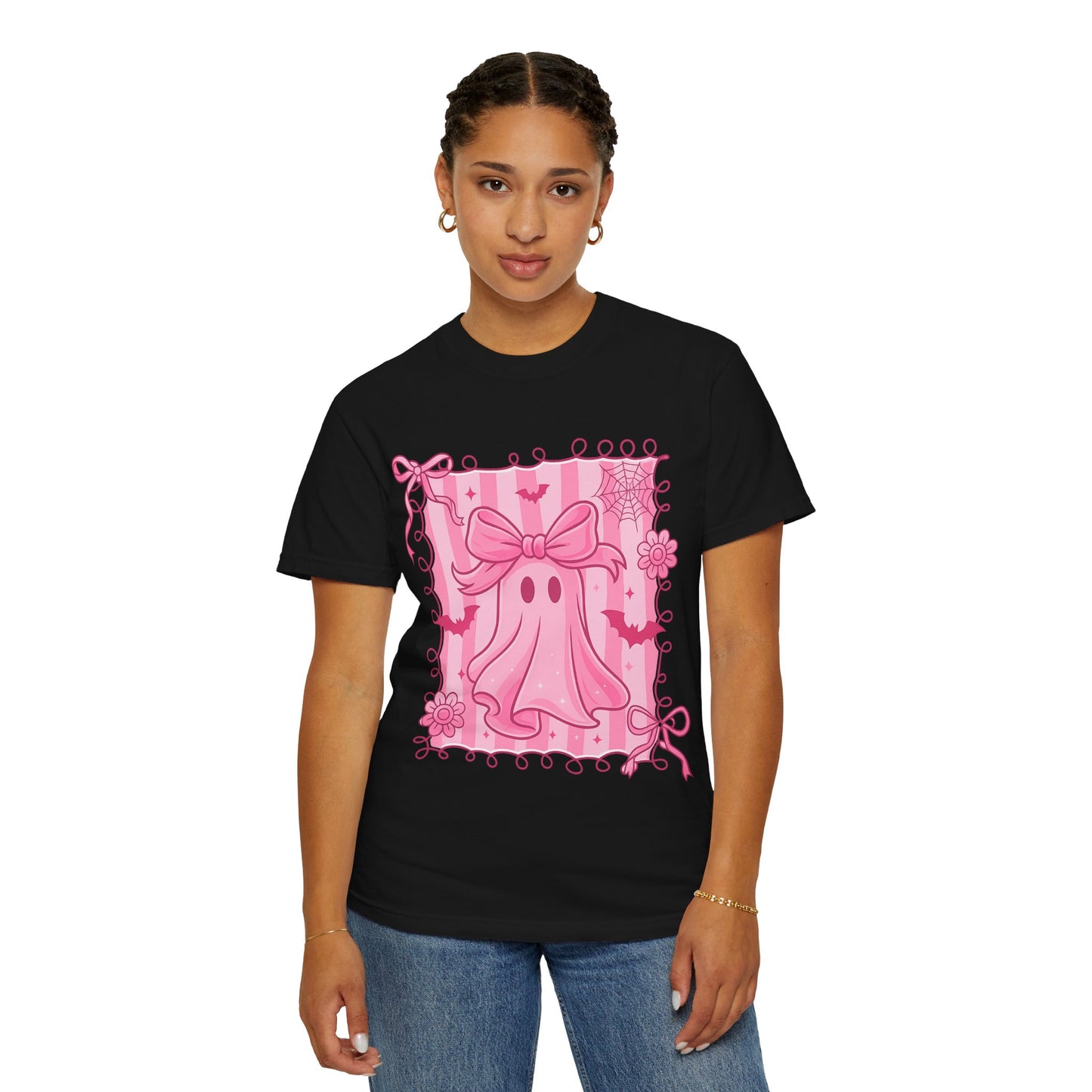 Cute Pink Ghost Graphic T-Shirt, Pink Halloween Tee, Unisex Garment-Dyed Top, Spooky Style for Fall, Trick or Treat Fashion