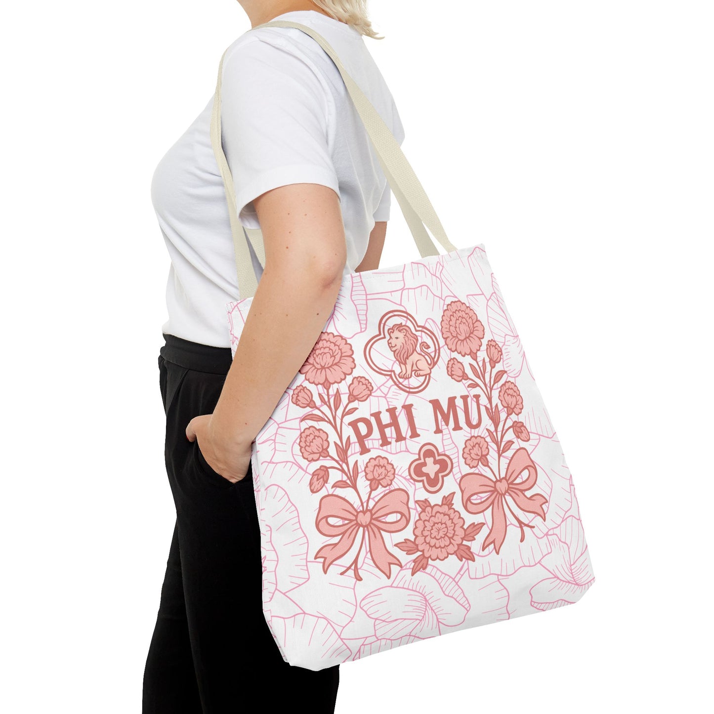 Phi Mu Floral Tote Bag, Sorority Bag, Gift for Sorority Sisters, Pink Floral Tote, College Essentials, AOP Design