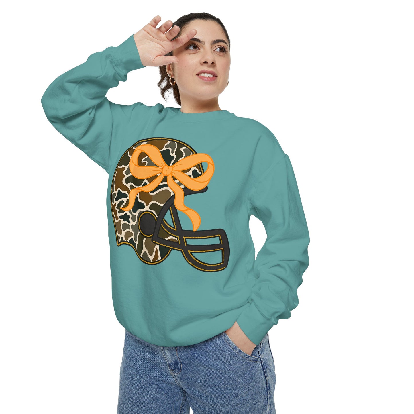 Comfort colors sweatshirt Camo Helmet Design, Casual Athletic Wear, Unisex Fall Fashion, Gift for Sports Fans