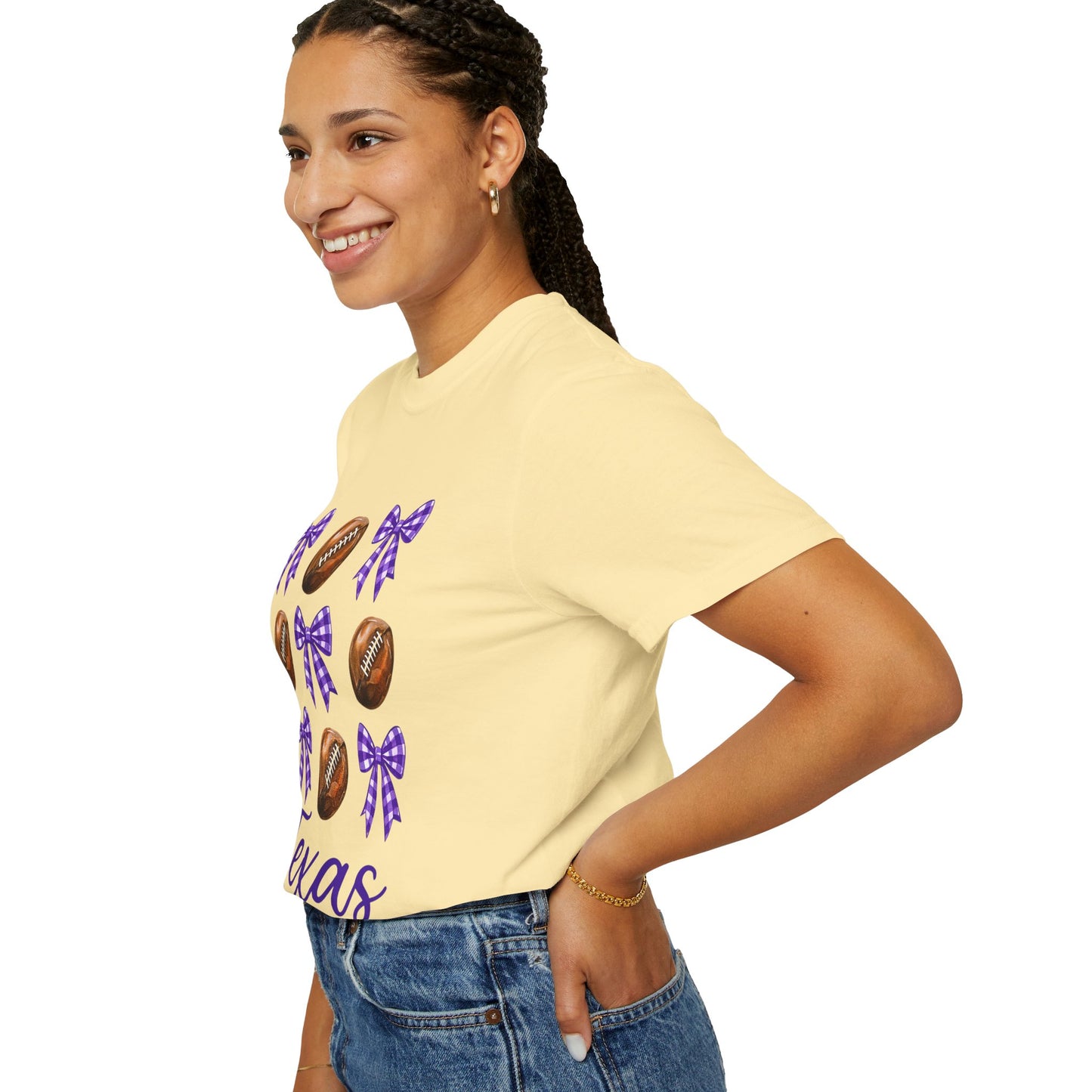 Texas Football Unisex T-Shirt with Purple Bows - Game Day Sports Apparel for Horned Frogs Fans