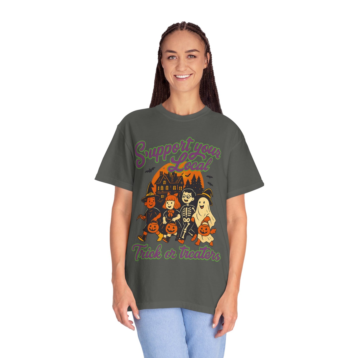 Halloween Support T-Shirt, Youth Trick or Treat Shirt, Garment-Dyed Tee for Kids, Spooky Season Apparel, Holiday Party Top, Fun Costume Wear