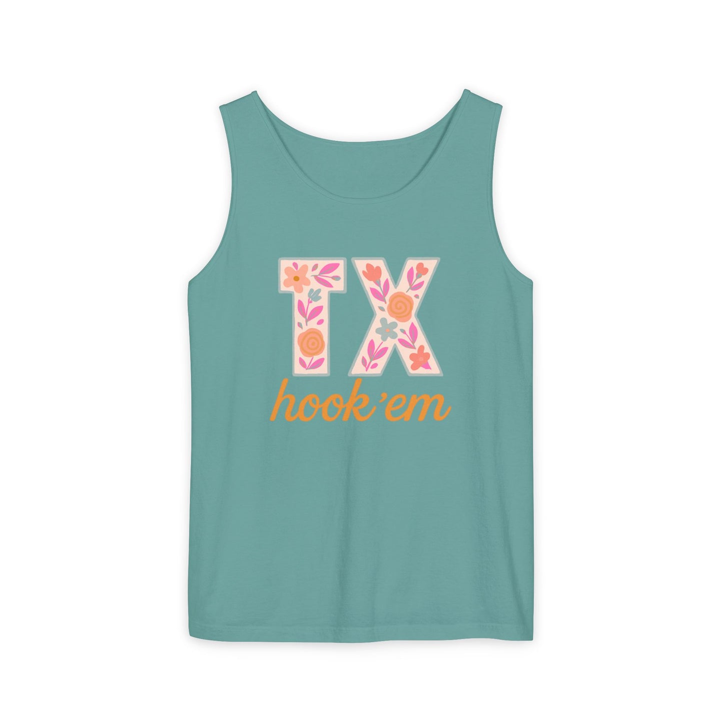 Texas Floral Hook 'Em Unisex Tank Top, Summer Vibe, Casual Wear, College Gear, Gift for Graduates, Texas Pride Apparel, Comfort Colors, Graduation Gift
