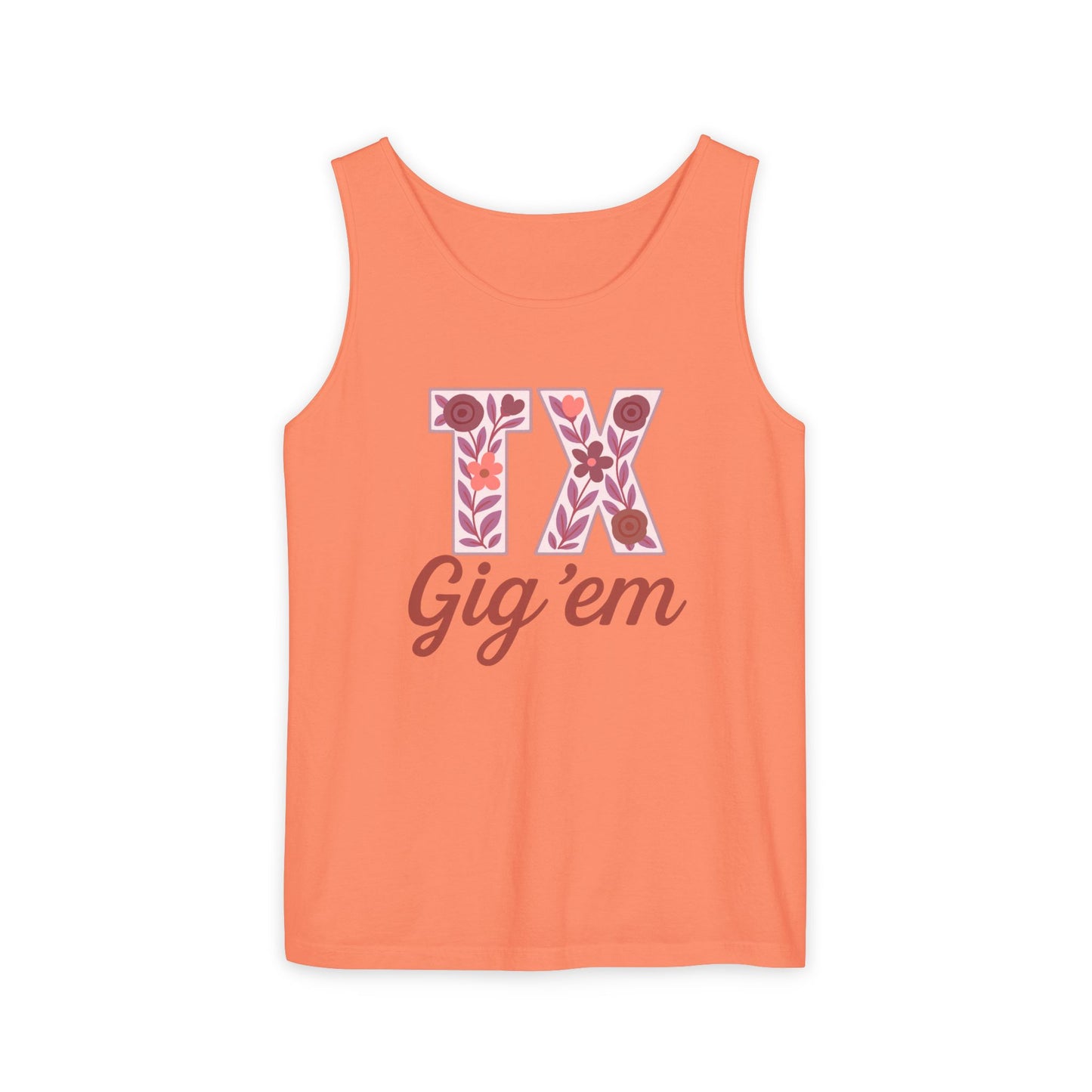 Texas Gig 'Em Tank Top, Unisex Summer Apparel, Cute Floral Design, Perfect for College Fans, Gifts, Comfort Colors, Graduation Gift