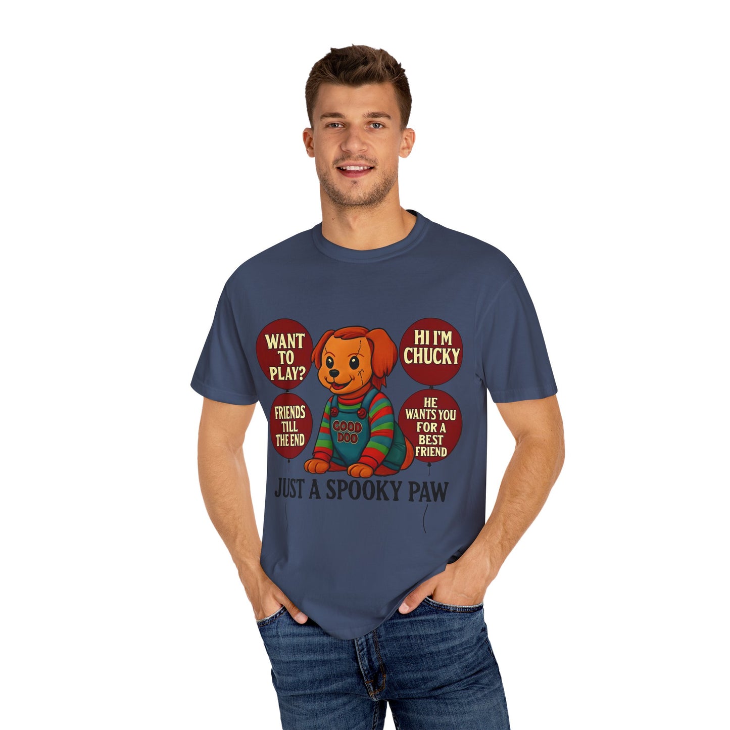 Spooky Graphic T-shirt, Halloween Costume Top, Unisex Tee, Funny Chucky Shirt, Gift for Horror Fans, Cute Spooky Apparel