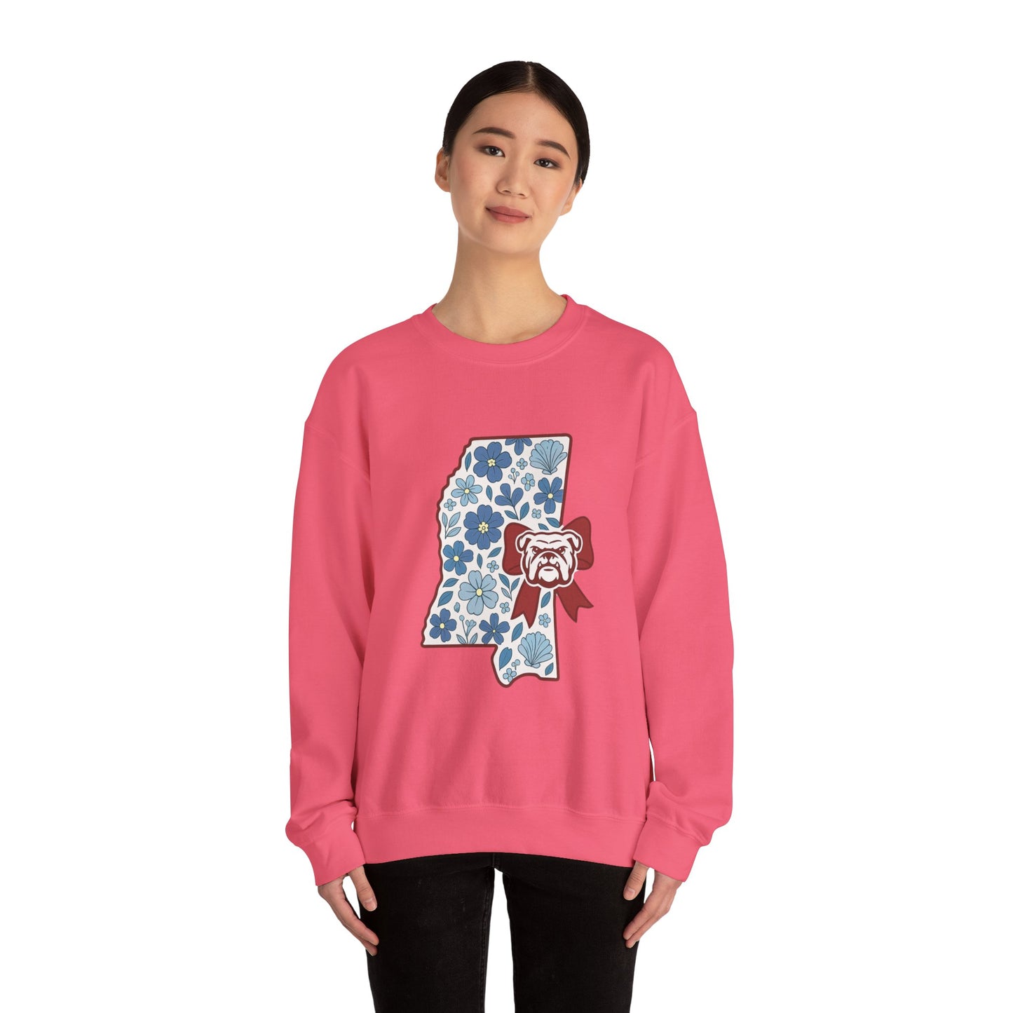 Mississippi Flower Bulldog Crewneck Sweatshirt, Cozy Sweatshirt for Fall, Gift for Dog Lovers, College Apparel, Casual Fashion