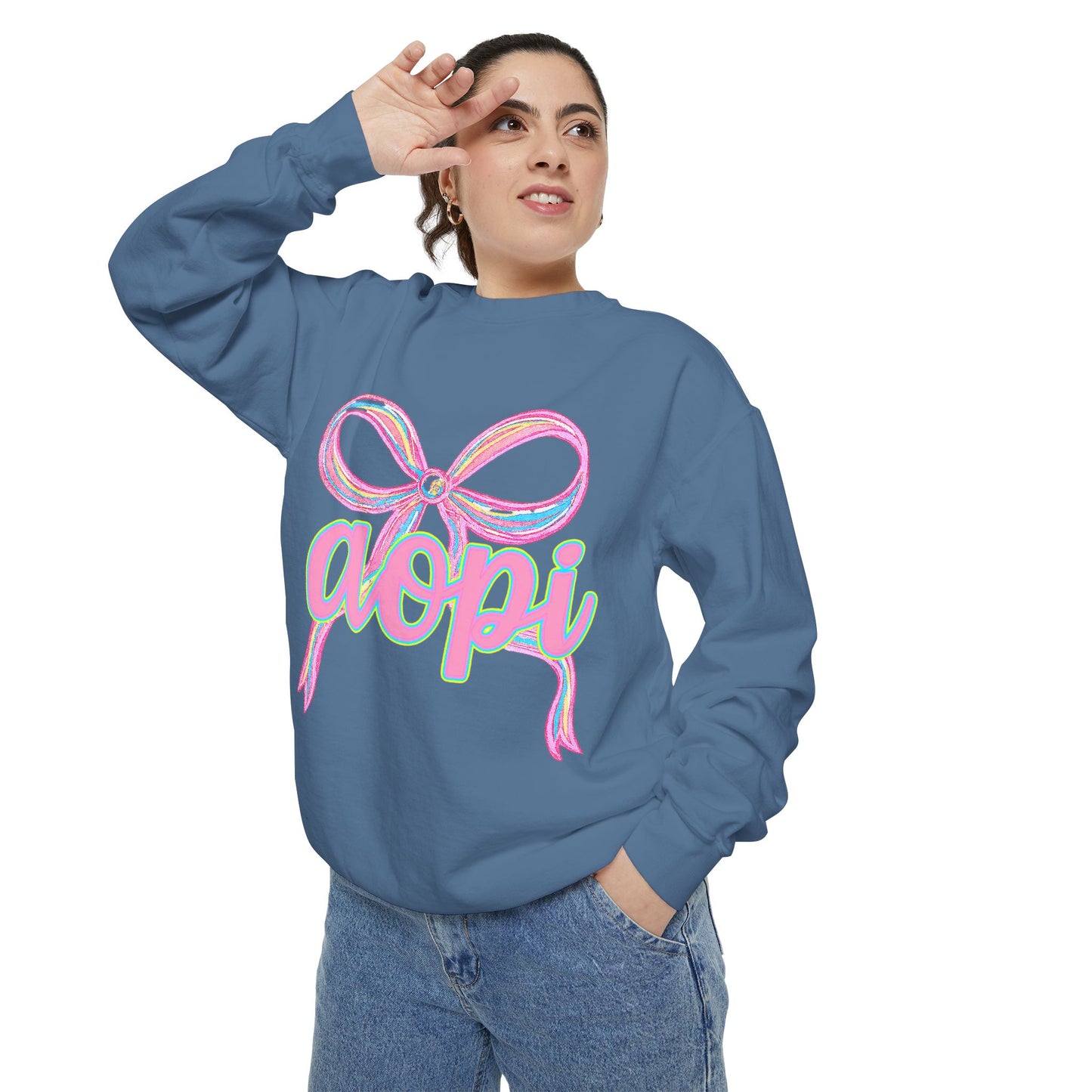 Pastel Bow Sweatshirt with aopi Design, Cozy Unisex Sweatshirt, Gift for Sorority Sisters, Casual Chic Apparel, Best Friend Outfit