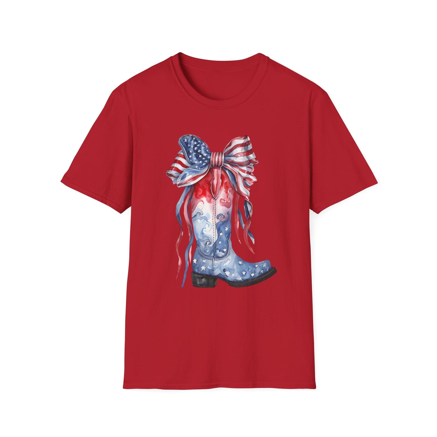 Patriotic Cowboy Boot T-Shirt | Unisex Softstyle Tee for Independence Day