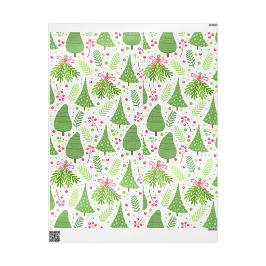 Festive Holiday Wrapping Paper with Green Trees and Bows