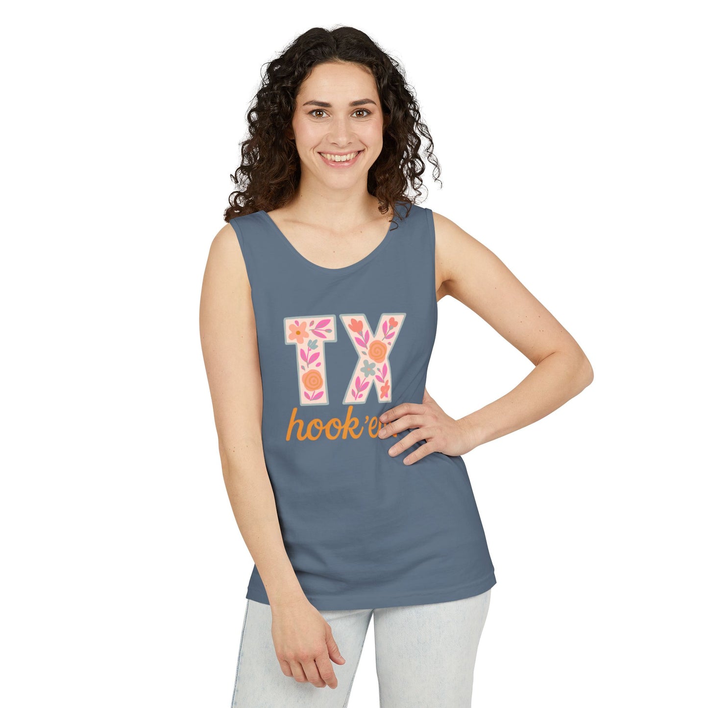 Texas Floral Hook 'Em Unisex Tank Top, Summer Vibe, Casual Wear, College Gear, Gift for Graduates, Texas Pride Apparel, Comfort Colors, Graduation Gift