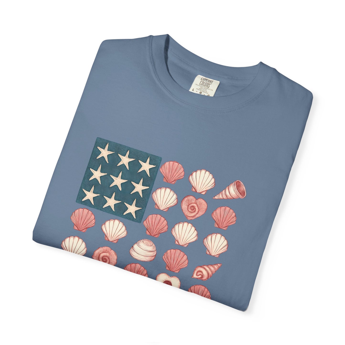 Comfort Colors-Seashell Flag T-Shirt, Unisex, American Flag, Beach Vibes, Nautical Gift, Summer Vibes, July 4th