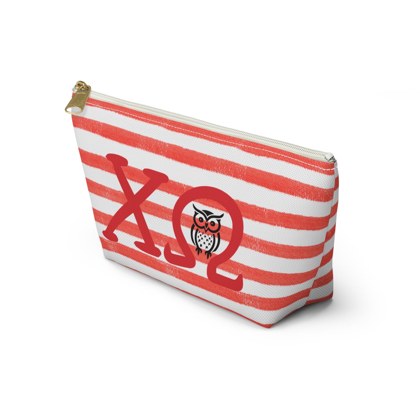 Chi Omega Charming Owl Accessory Pouch, Makeup Bag, Gift for Her, Zodiac Lover, Cute Organizer, Striped Cosmetic Pouch