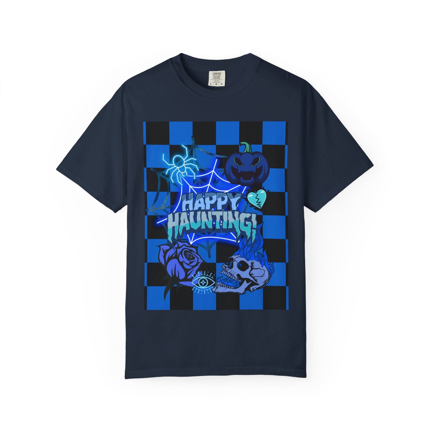Happy Haunting Unisex Garment-Dyed T-shirt, Halloween Tee, Spooky Shirt, Fall Fashion, Casual Wear, Pumpkin Fest