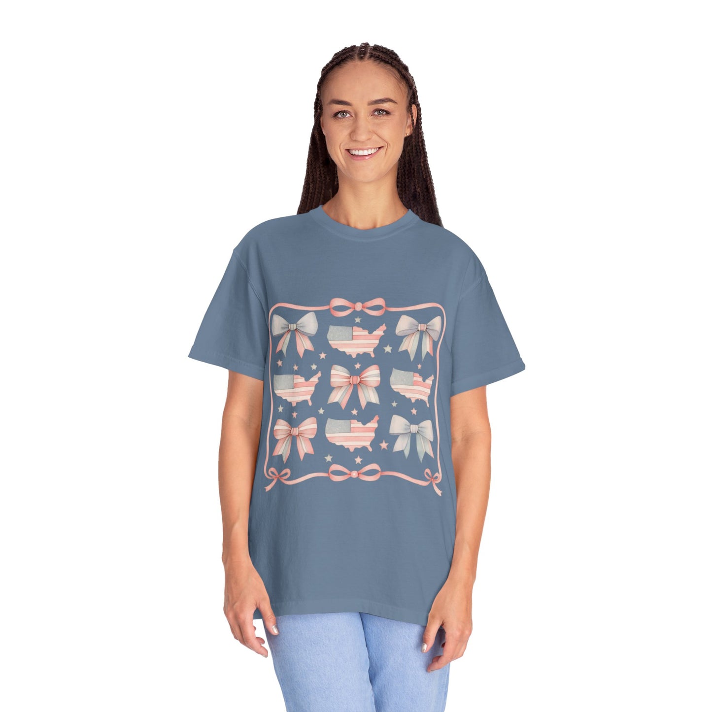 America Coquette Cute Bow Pattern Comfort Colors Unisex T-Shirt - 4th of July USA Celebration