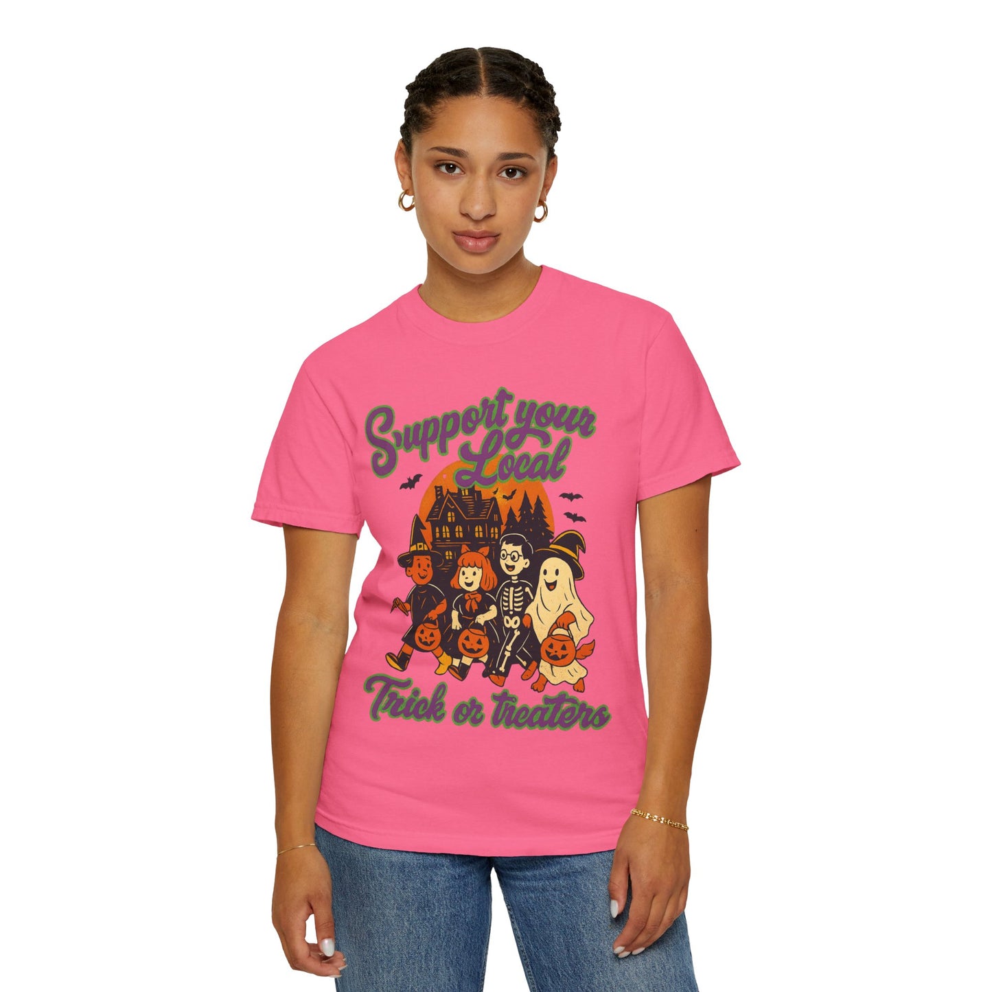 Halloween Support T-Shirt, Youth Trick or Treat Shirt, Garment-Dyed Tee for Kids, Spooky Season Apparel, Holiday Party Top, Fun Costume Wear