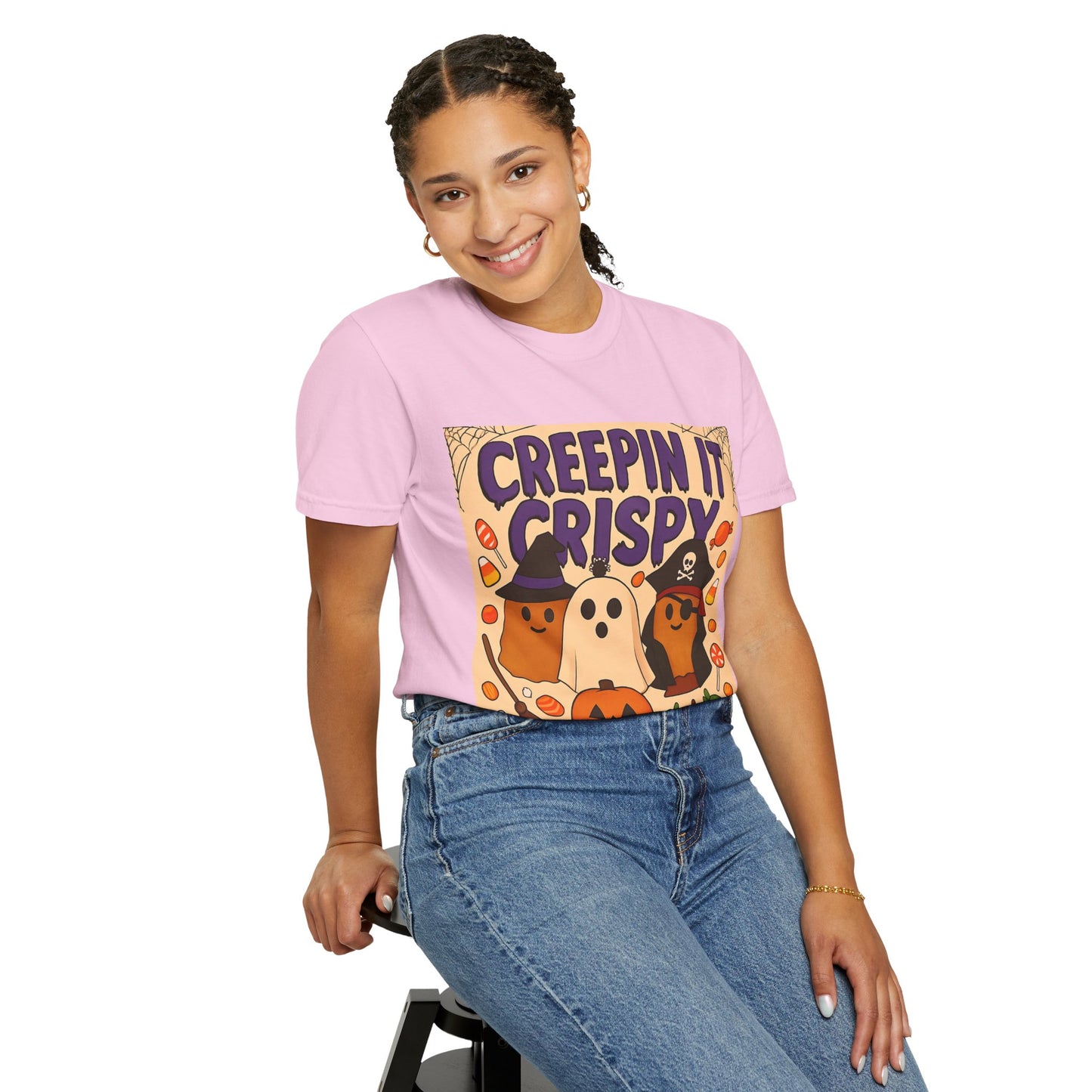 Halloween Themed T-Shirt, Creepin It Crispy T-Shirt, Unisex Shirt for Fall, Cute Halloween Tee, Festive Ghost & Candy Design
