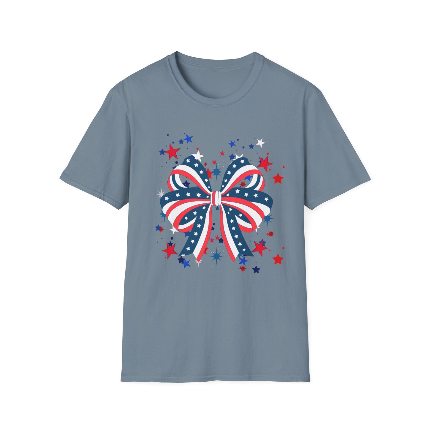 Patriotic Bow T-Shirt for Celebrations, 4th of July, Summer BBQ, Casual Outfit, Gift for Her, Unisex Softstyle Tee