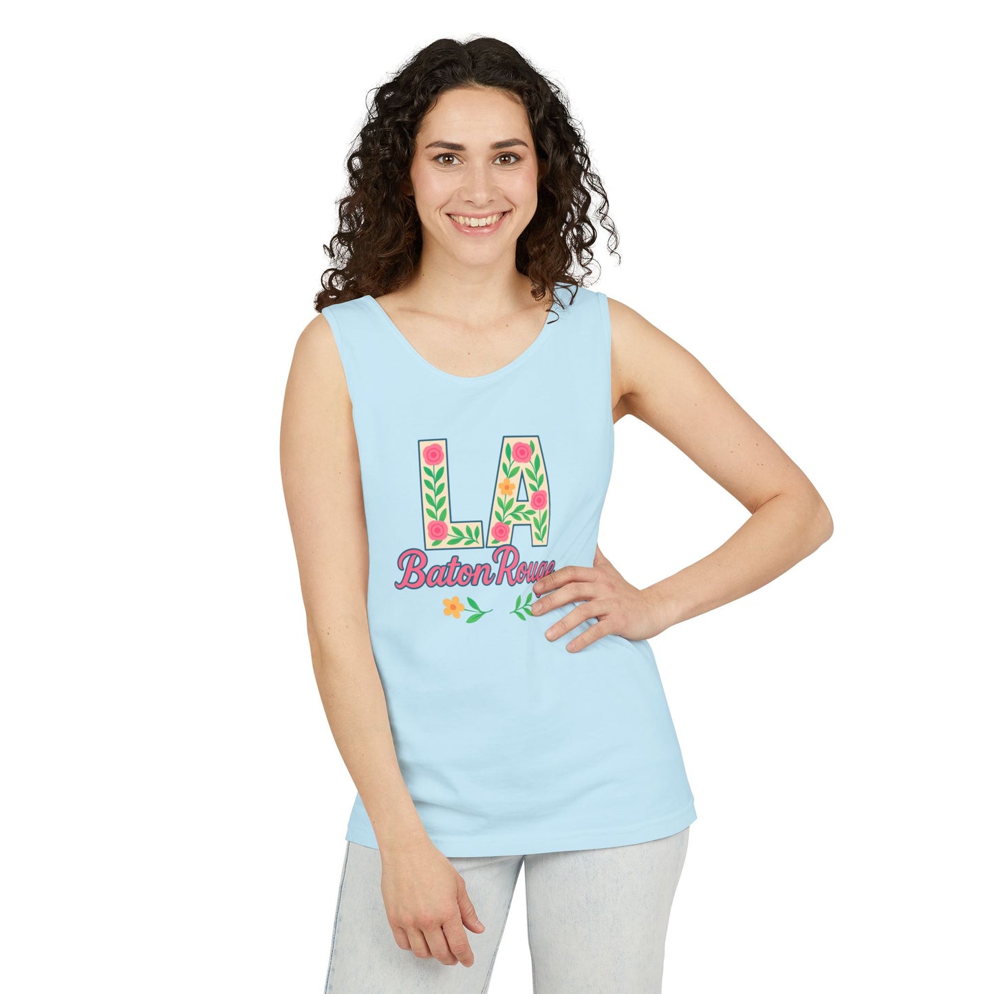 LA Baton Rouge Floral Tank Top, Summer Vibes, Unisex Apparel, Gift for Friends, Vacation Outfit, Spring/Summer Wear, Comfort Colors, Graduation Gift