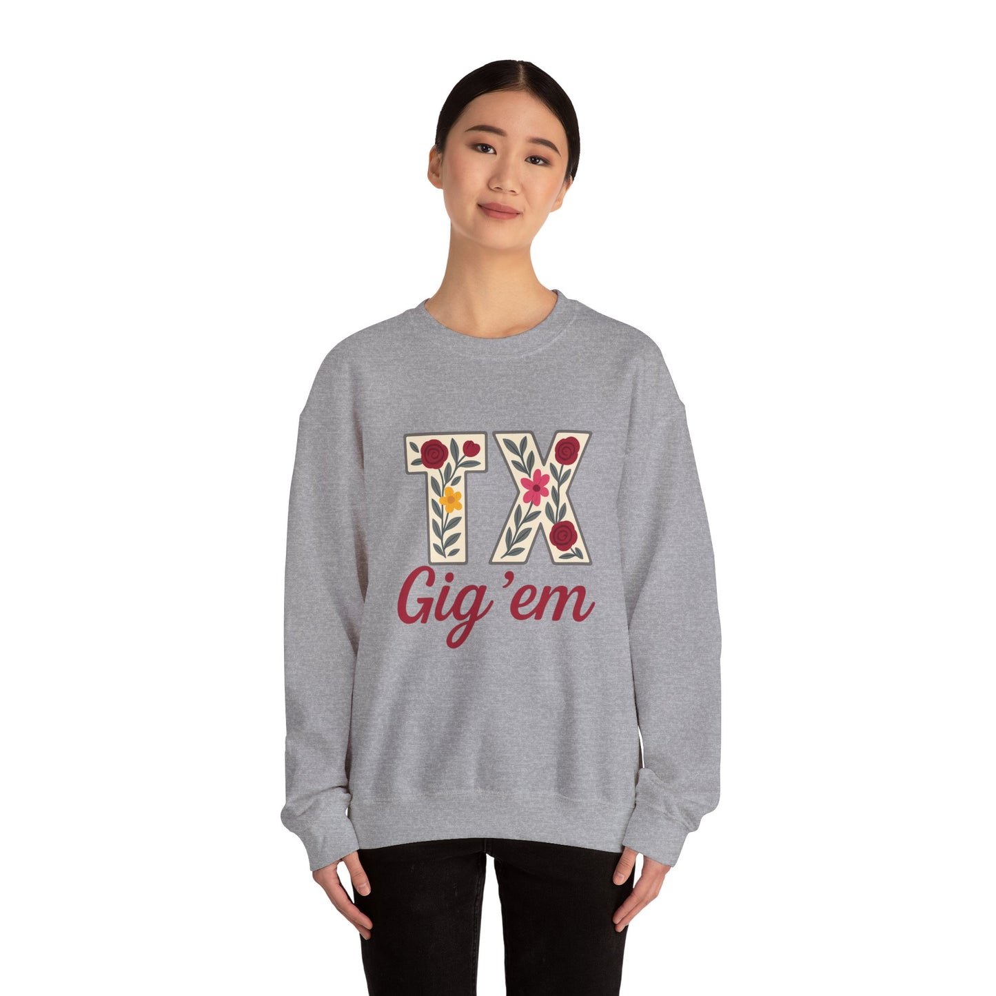 Texas Floral Crewneck Sweatshirt, Cozy Texas Sweatshirt, TX Gig'em Gift, Unisex Sweatshirt for Gamers, Floral Crew Neck for Casual Wear