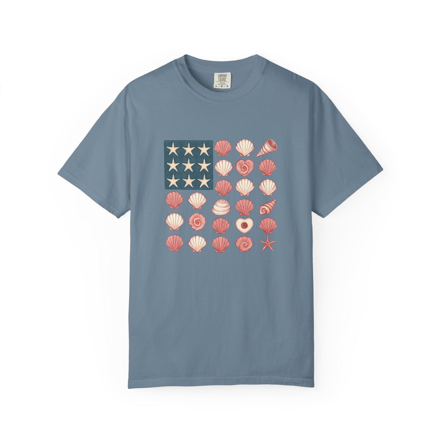 Comfort Colors-Seashell Flag T-Shirt, Unisex, American Flag, Beach Vibes, Nautical Gift, Summer Vibes, July 4th