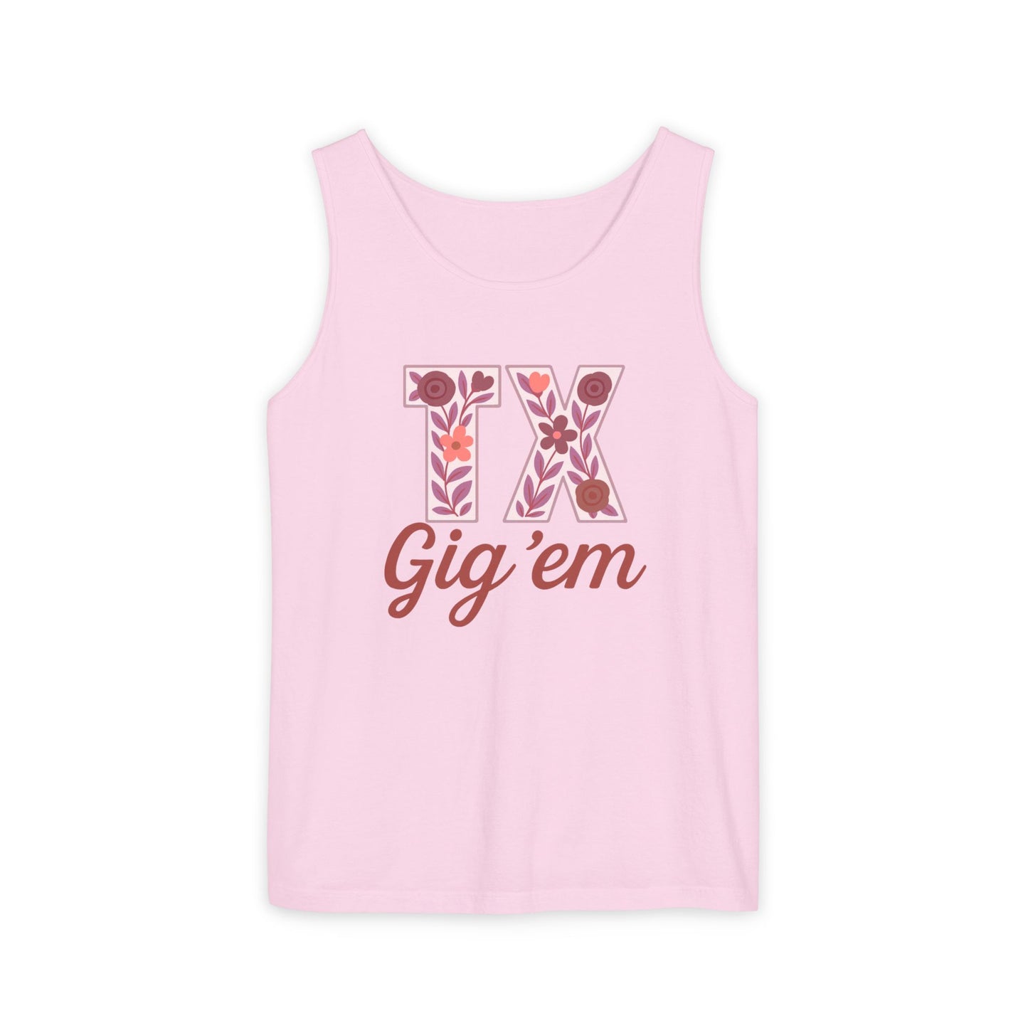 Texas Gig 'Em Tank Top, Unisex Summer Apparel, Cute Floral Design, Perfect for College Fans, Gifts, Comfort Colors, Graduation Gift
