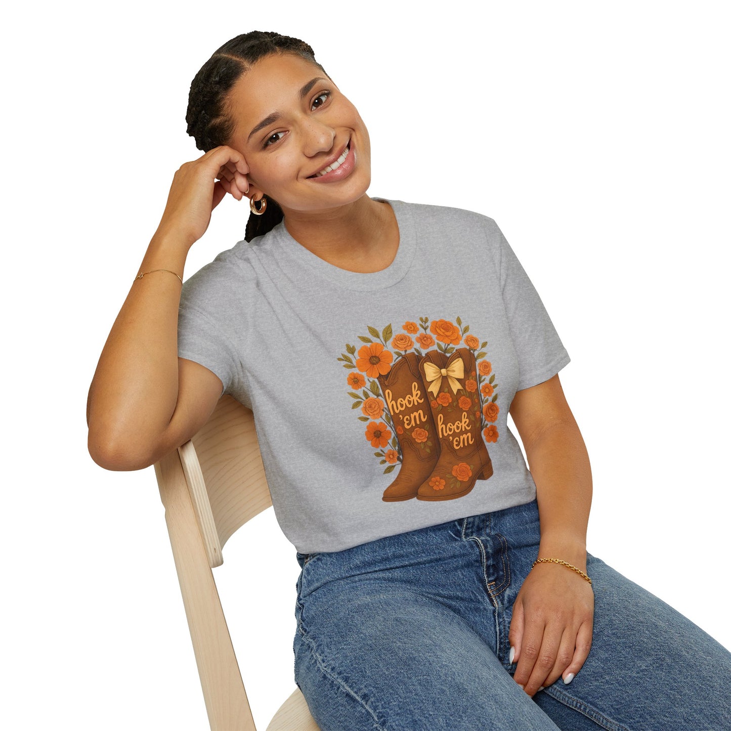 Tx Hook Em Floral Cowboy Boot T-Shirt, Hook 'Em Tee, Autumn Apparel, Country Style, Gift for Her, tx longhorns, texas fan gift, hook em horns, graduation gift, college student gift