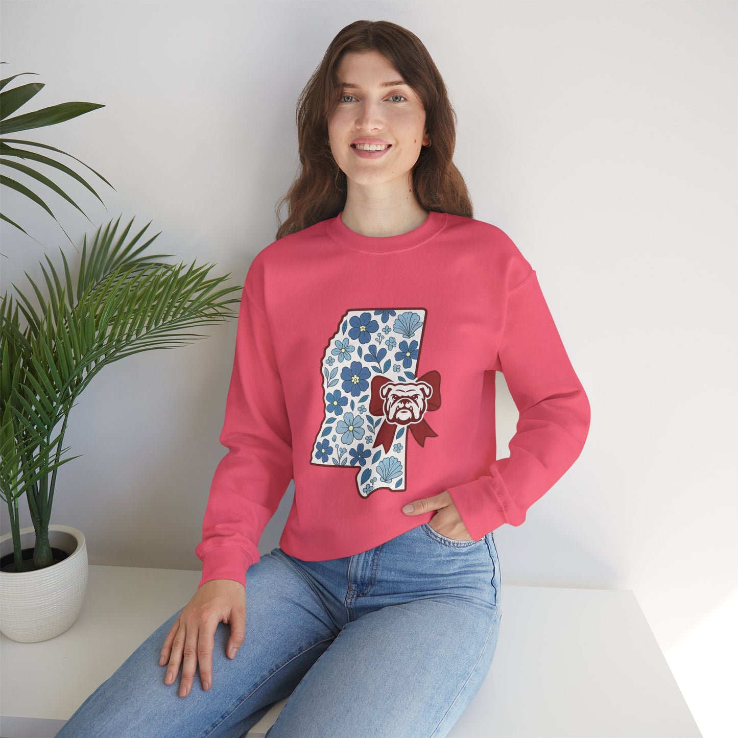 Mississippi Flower Bulldog Crewneck Sweatshirt, Cozy Sweatshirt for Fall, Gift for Dog Lovers, College Apparel, Casual Fashion