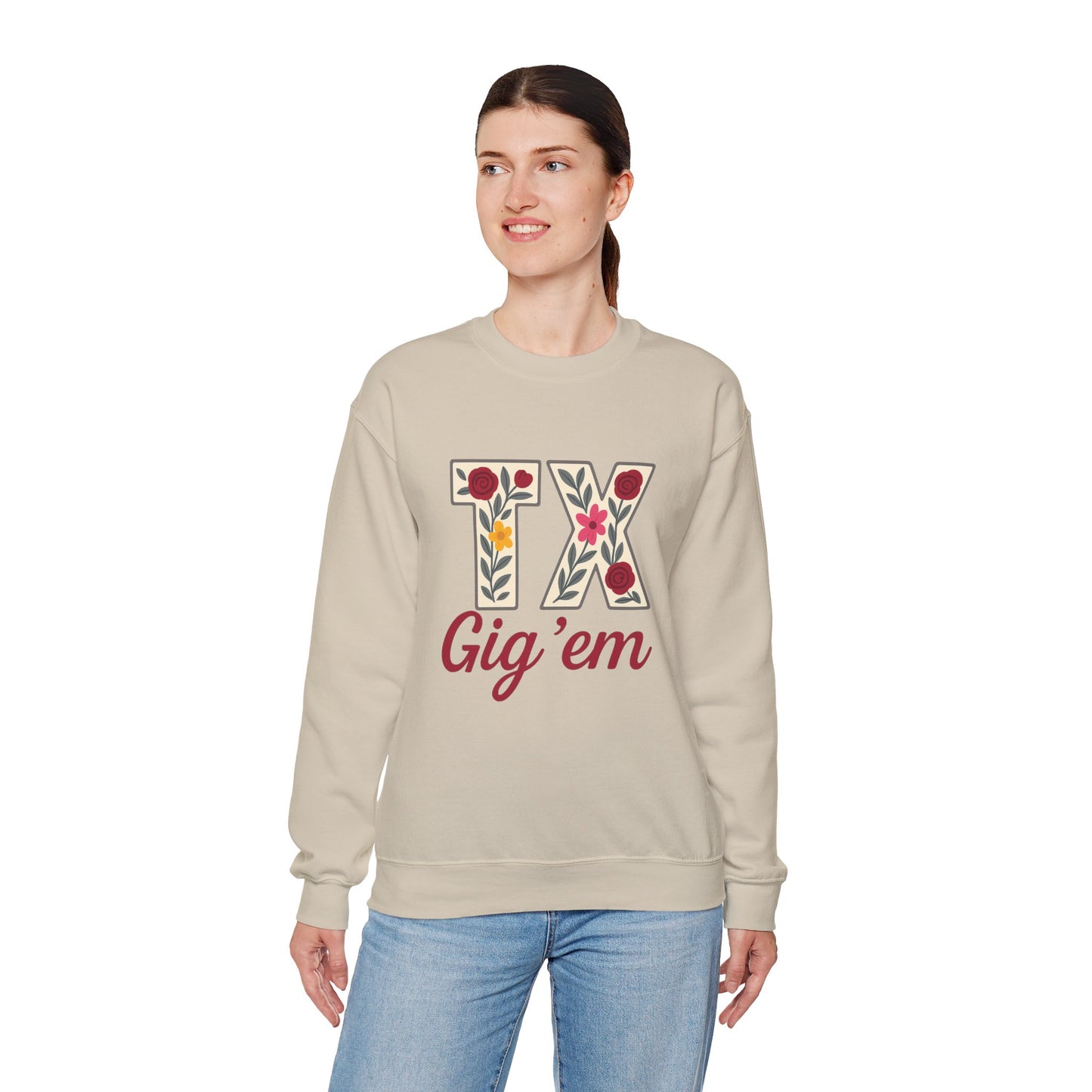 Texas Floral Crewneck Sweatshirt, Cozy Texas Sweatshirt, TX Gig'em Gift, Unisex Sweatshirt for Gamers, Floral Crew Neck for Casual Wear