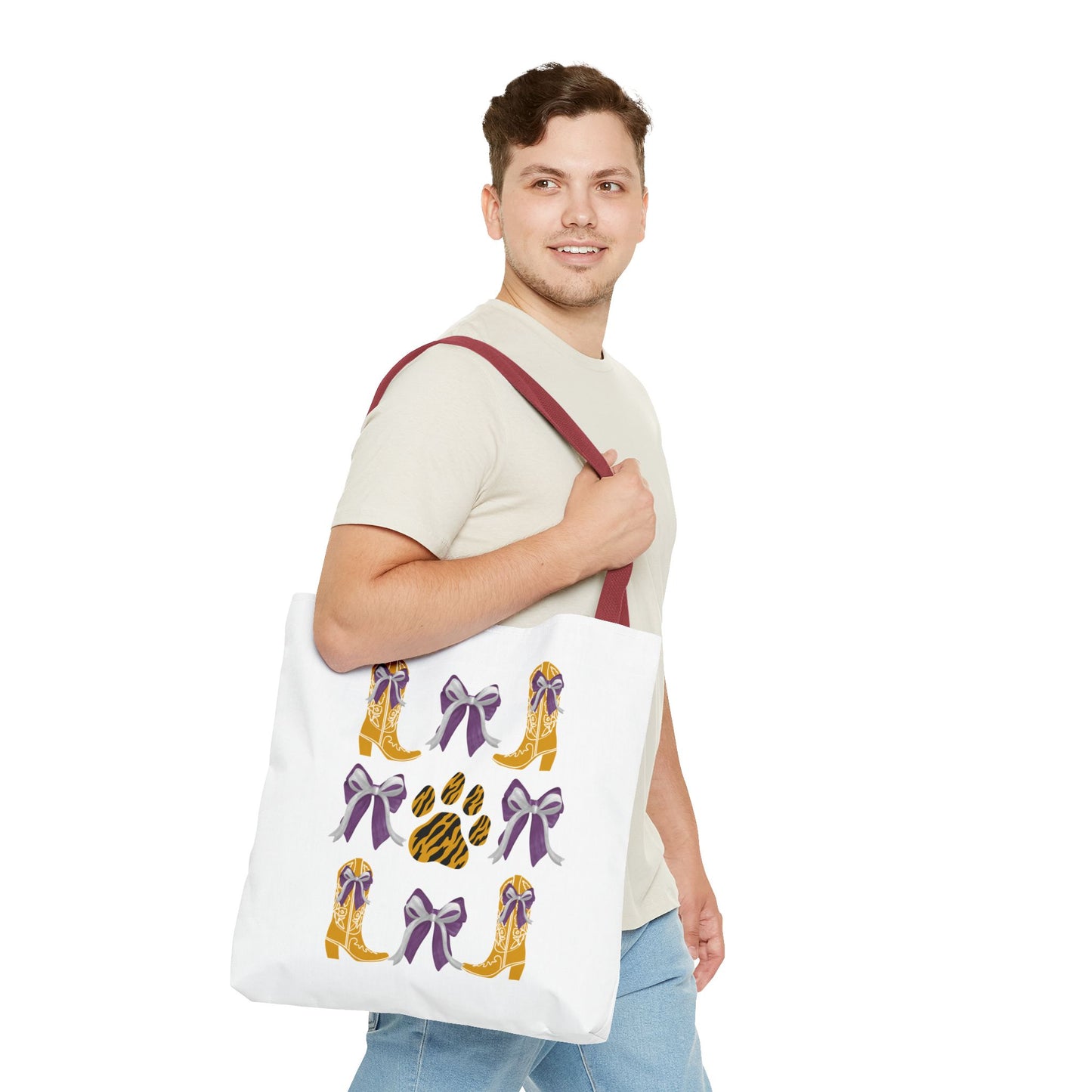 LSu coquette bow Print Tote Bag, Eco-Friendly Fashion Bag, lsu tiger fan, louisiana game day, geaux tigers, college student gift, graduation gift